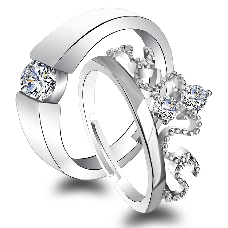 modern wedding rings -Urbana Rhodium Plated Solitaire Couple Ring Set With Crystal Stone-1506393