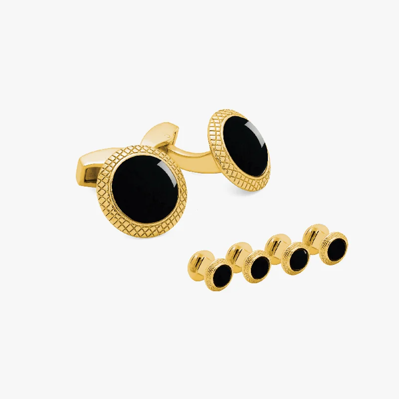 diamond-studded bracelets -Bullseye Cufflinks And Studs Set With Black Onyx In Yellow Gold Plated