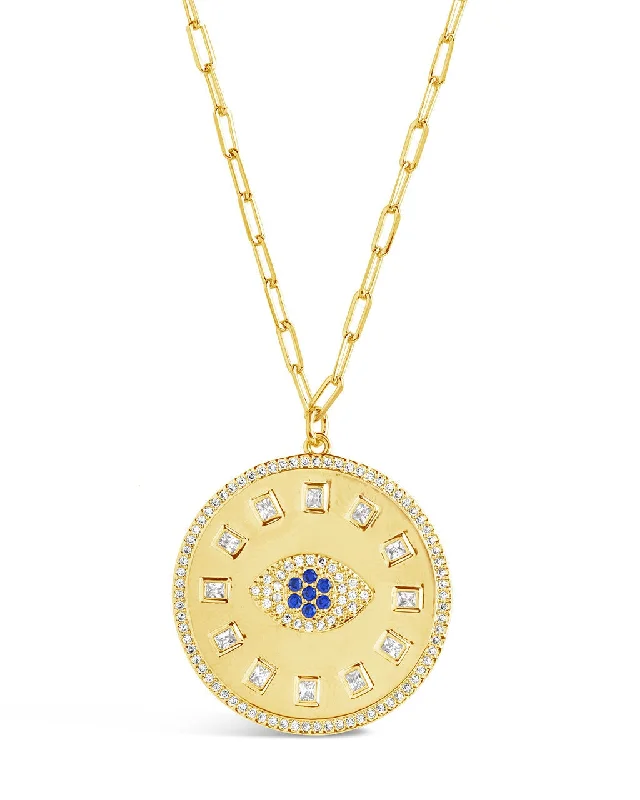 long necklaces for women -Evil Eye CZ Sun Dial Coin Pendant Necklace