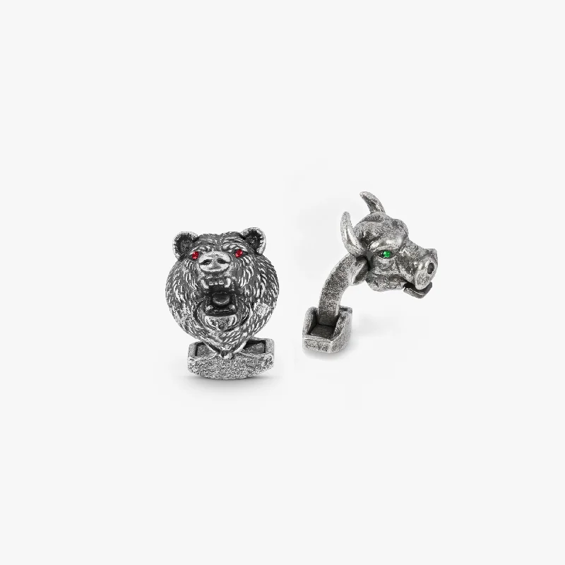 silver bangles for women -Bear And Bull Mechanical Cufflinks With Swarovski Elements In Oxidised Silver