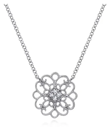 bar necklaces for women -Sterling Silver Round Filigree 0.04cttw White Sapphire Pendant Necklace by Gabriel