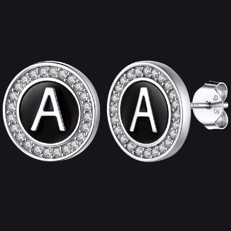 trendy earrings for women -Custom CZ Black Initial Letter Stud Earrings for Men Women