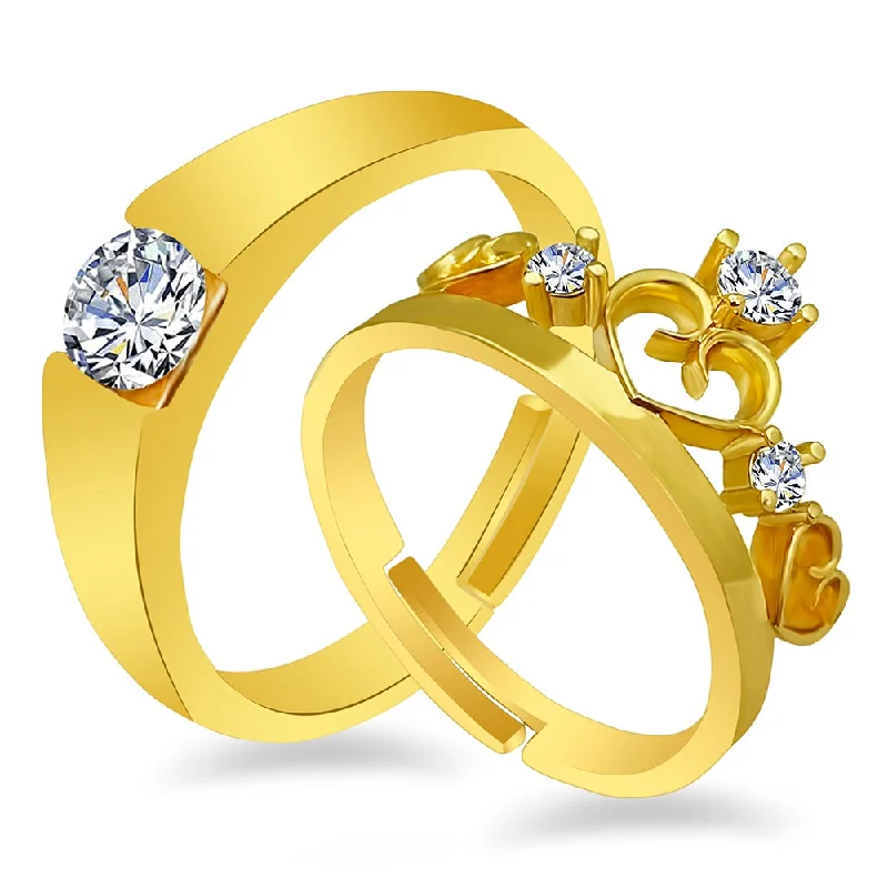 colored gemstone rings -Urbana Gold Plated Solitaire Couple Ring Set With Crystal Stone-1506335B