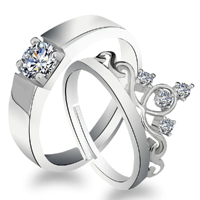 men’s style rings for women -Urbana Rhodium Plated Solitaire Couple Ring Set With Crystal Stone - 1506391-1506391