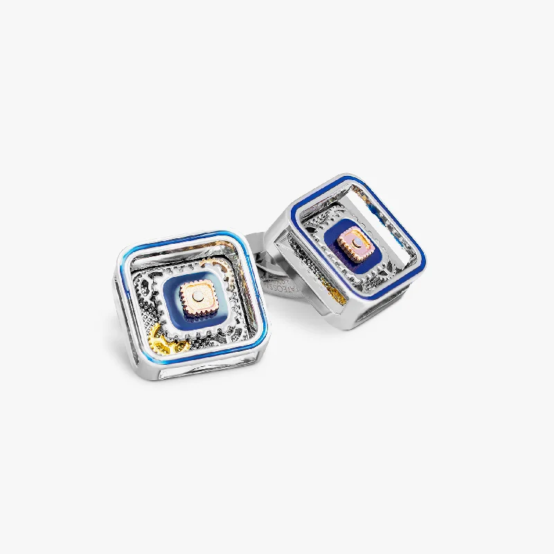 custom silver bangles -Quadrato Gear Cufflinks With Blue Enamel In Palladium Plated