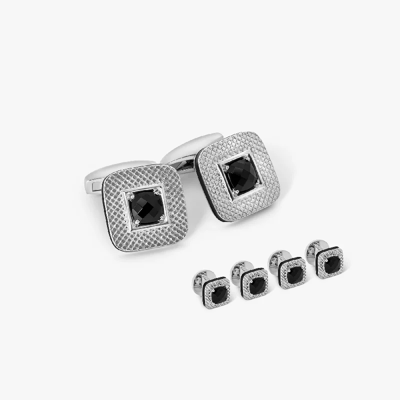 minimalist bracelets for women -Refratto Cufflinks And Shirt Studs Set With Black Spinel In Rhodium Plated Silver (Limited Edition)