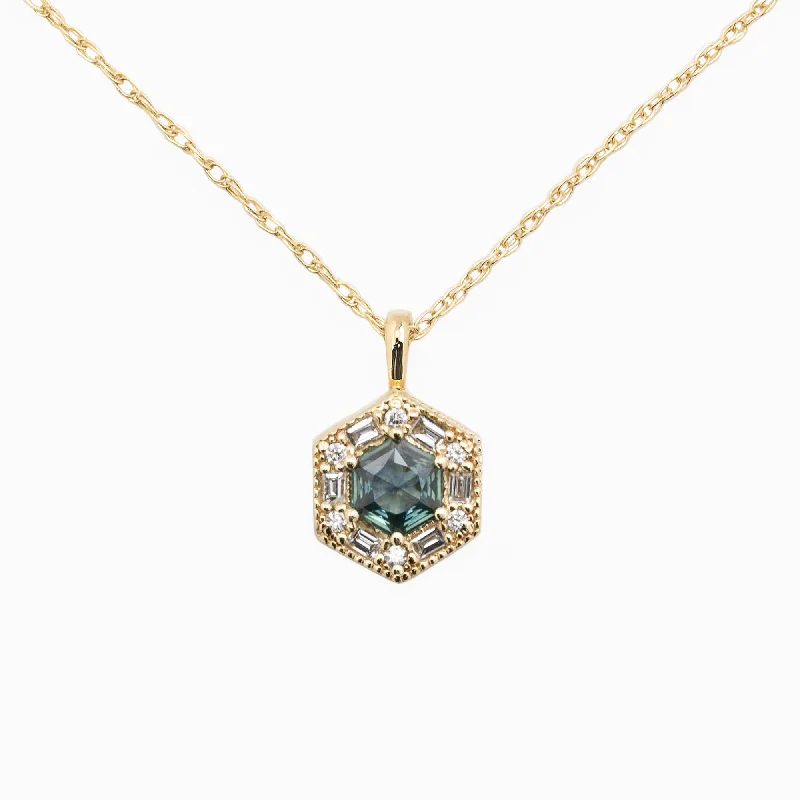 charm and gemstone necklaces for women -Lila Hexagon Necklace - 5mm Montana Sapphire Necklace, 14k yellow gold (One of a kind)