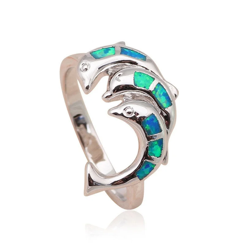 men’s style rings for women -Blue Fire Opal Silver Plated Dolphin Ring