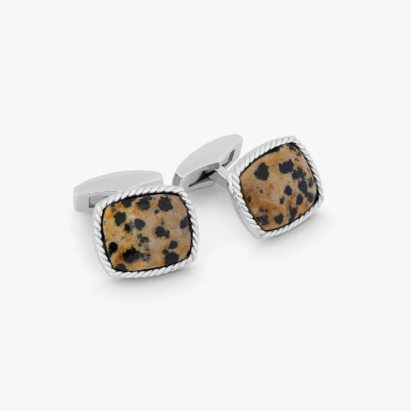 leather bracelets for women -Cable Jasper Cufflinks In Rhodium Plated Silver with Dalmation