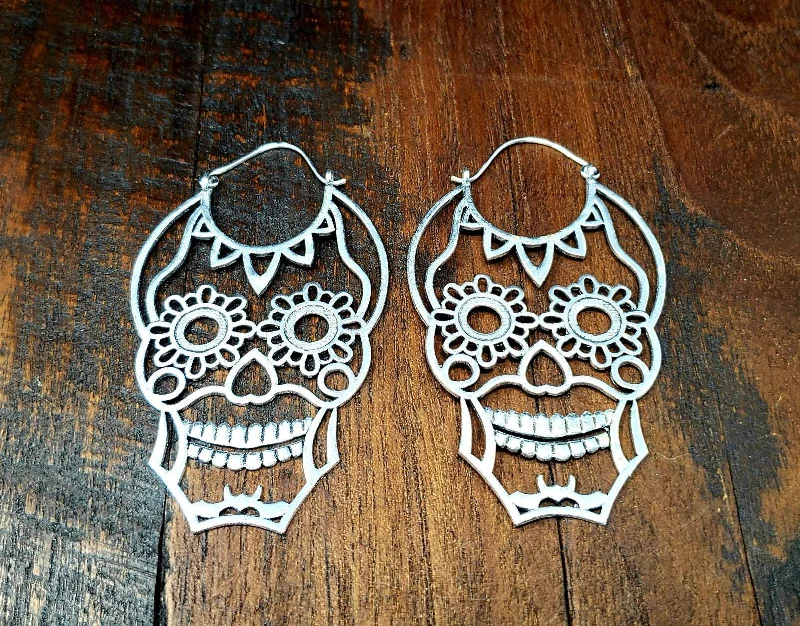 gold dangle earrings -Silver Sugar Skull Earrings