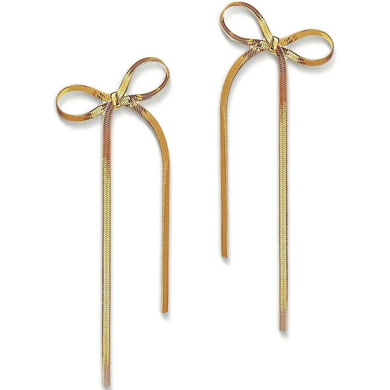 classic stud earrings -Long Silver and Gold Bow Earrings