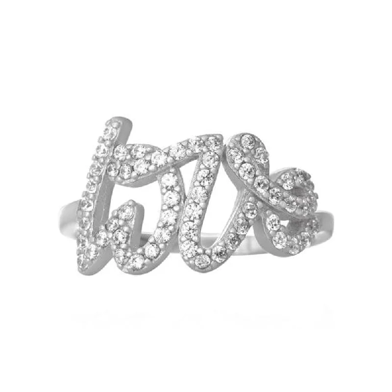 trendy rings for women -Love Script Word Cubic Zirconia CZ Pave Sterling Silver Fashion Statement Ring