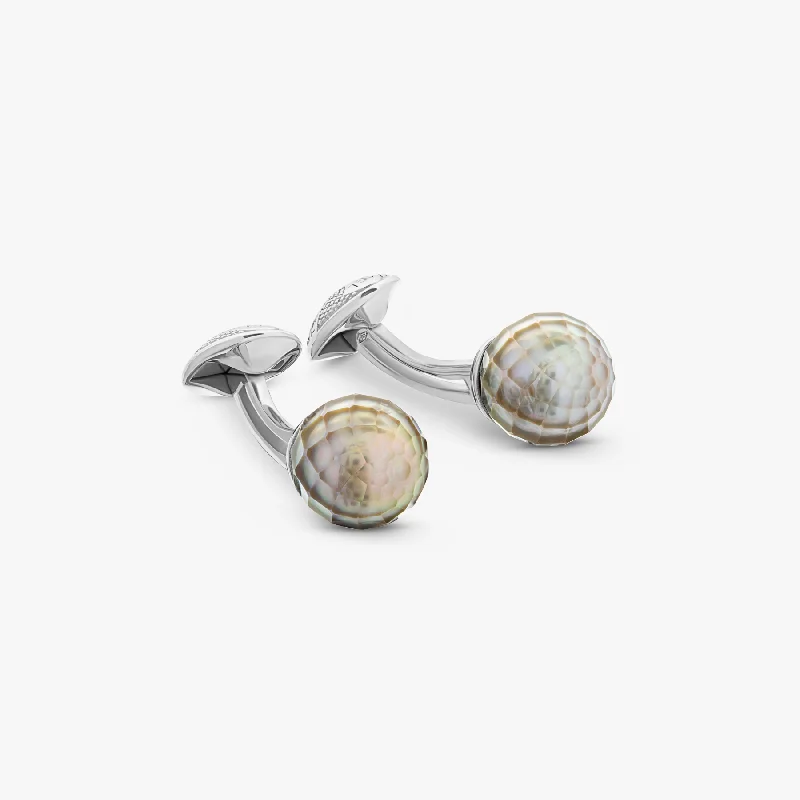 boho bracelets for women -Black faceted pearl cufflinks in 18k white gold