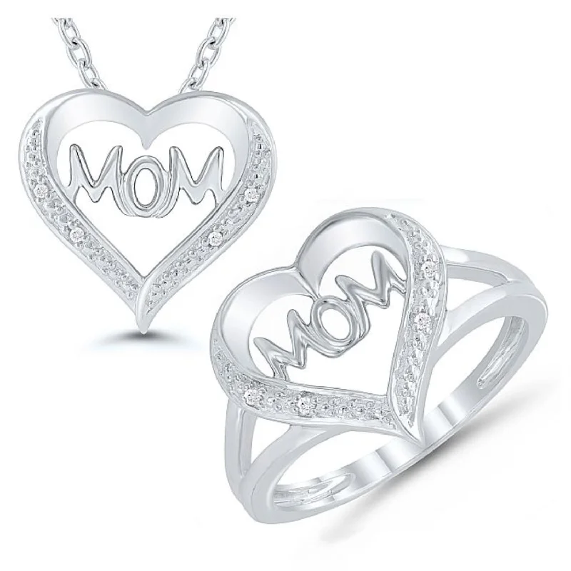 pear-shaped rings for women -1/25 CTW Diamond Mom Heart Box Set Ring 18-inch Pendant in Sterling Silver