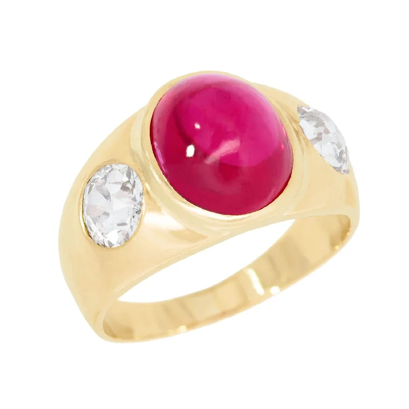 stackable diamond rings -Victorian 18k Synthetic Ruby and Diamond Flush Mount Ring