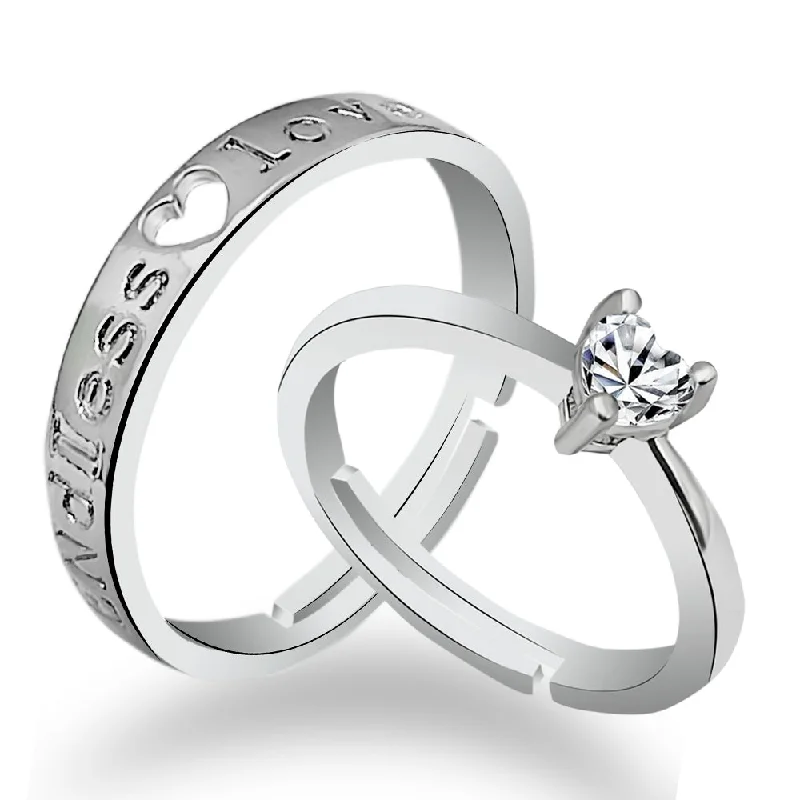 double stone rings -Urbana Rhodium Plated Solitaire Couple Ring Set With Crystal Stone-1506395