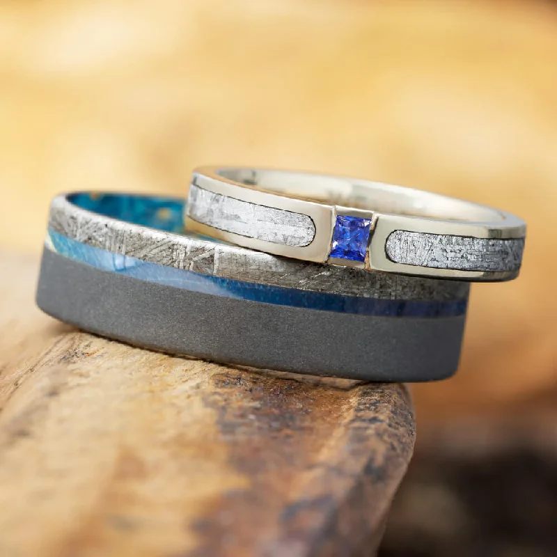 wedding rings for women -Blue Wedding Ring Set, Meteorite Rings with Blue Box Elder Burl Wood