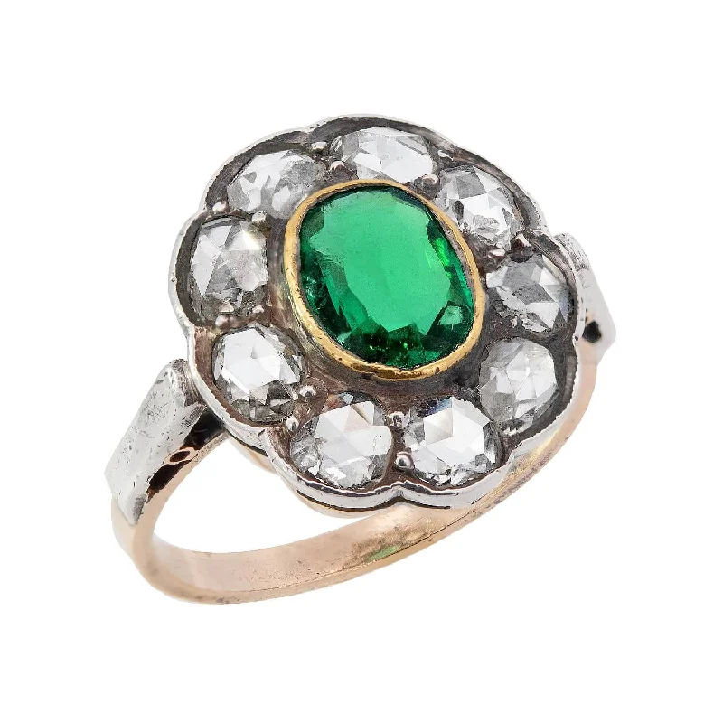 engraved rings for women -Georgian 14k/Sterling Silver Emerald and Diamond Halo Ring