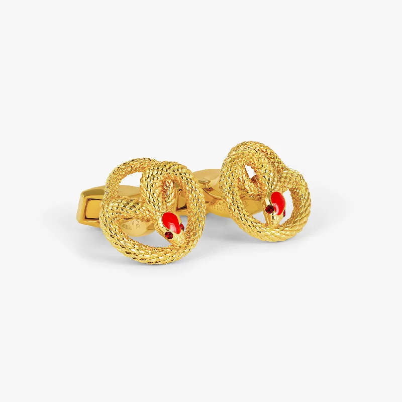 engraved gold bangles -Viper Cufflinks in Yellow Gold Plated & Red Enamel