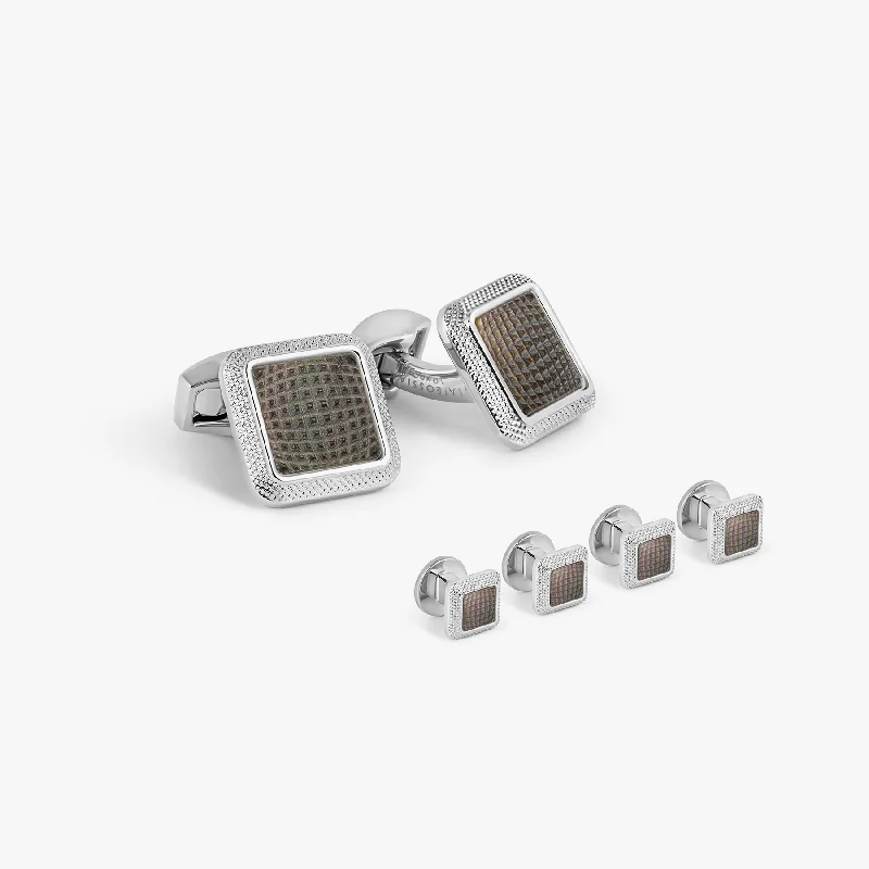 custom name bracelets -Spazio Square Cufflink and Shirt Studs in Palladium Plated with Black Mother of Pearl