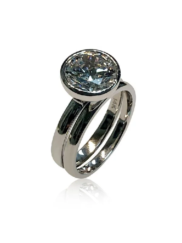 bold gemstone rings -Round Brilliant 3.5 Carat Cubic Zirconia Ring in Bezel with matching Band 14k white gold