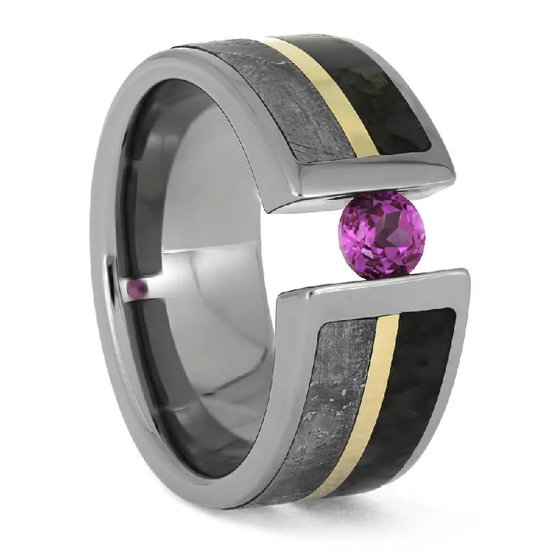 wedding anniversary rings for women -Glimmering Pink Sapphire Bordered by Meteorite and Dinosaur Bone