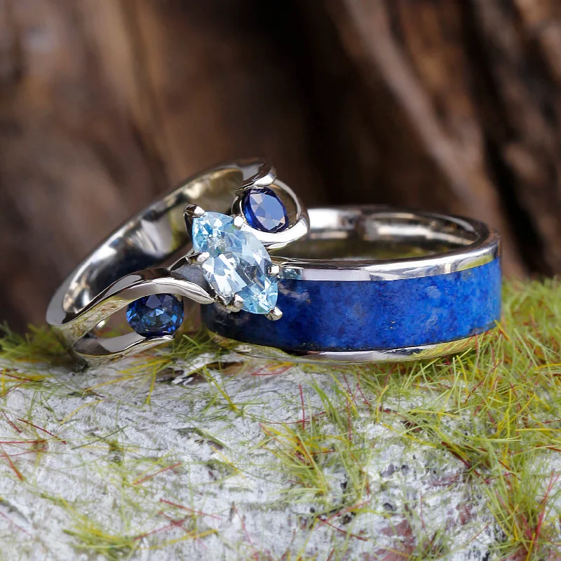 sapphire rings for women -Blue Couples Ring Set With Aquamarine & Lapis Lazuli