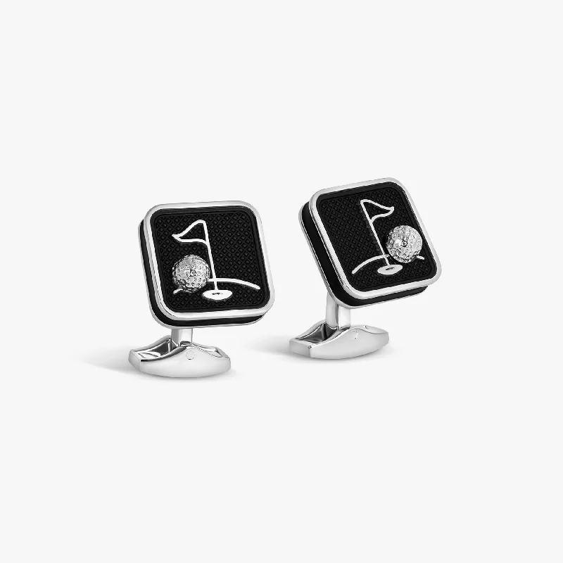 birthstone bracelets for women -Sports Ice Golf Cufflinks in Palladium Plated with Black Enamel