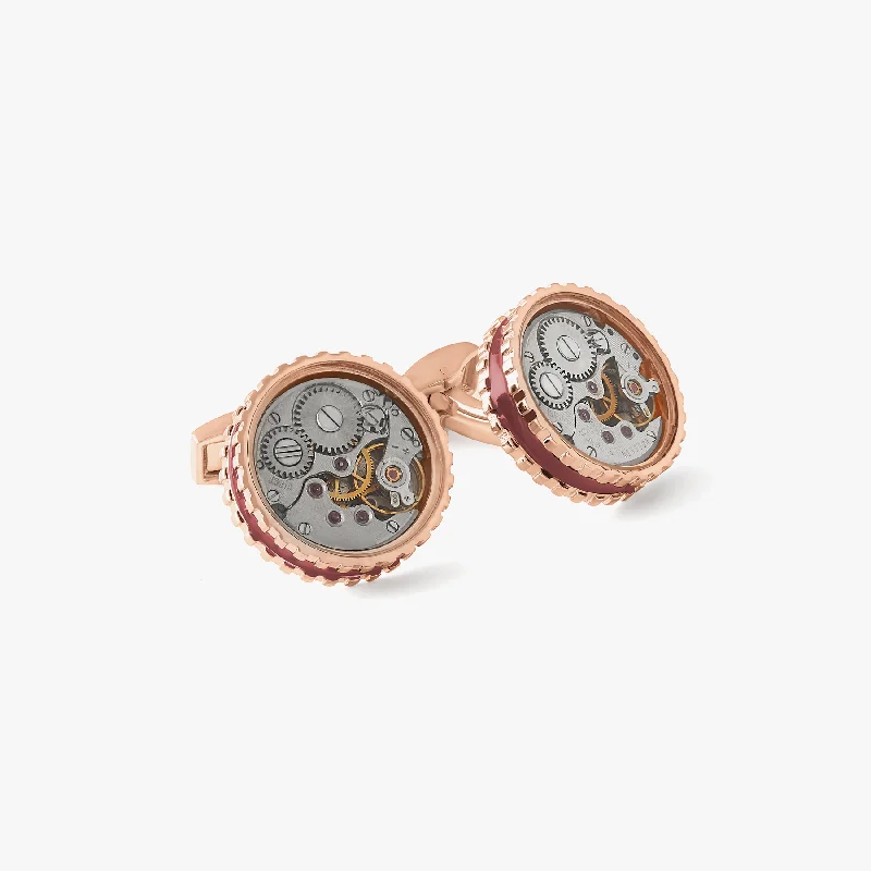 engraved bangles for women -Round Skeleton Gear cufflinks with burgundy enamel in rose gold plated stainless steel