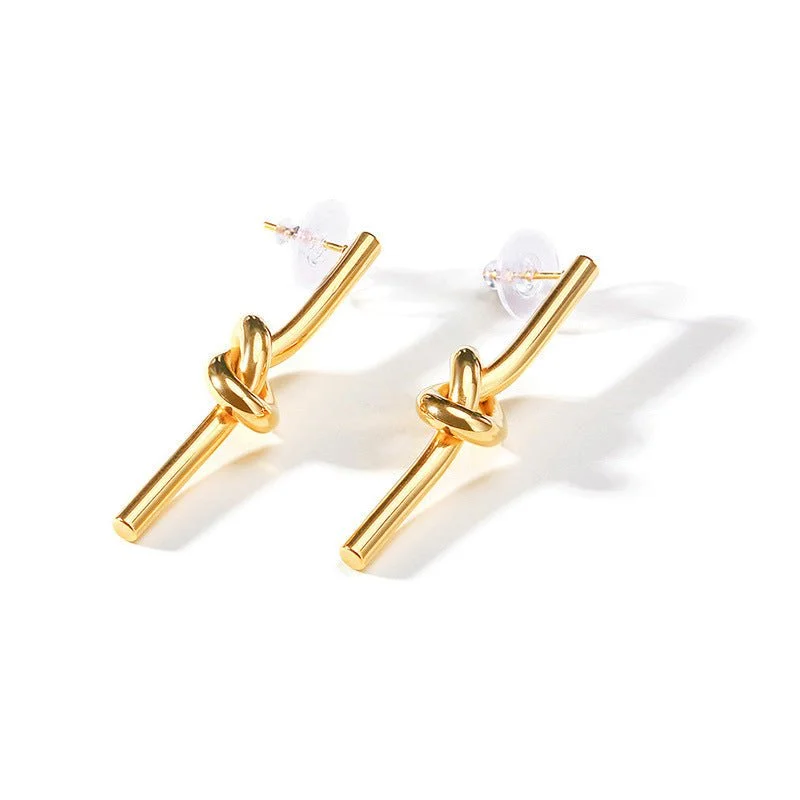 elegant dangle earrings for women -Tied in Knots Large Gold Stud  Bar Earrings