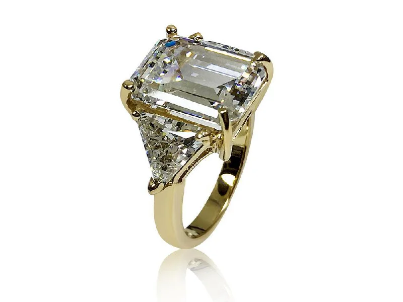 sapphire rings for women -7 Carat Emerald cut Highest Quality Cubic Zirconia 3 stone ring with trillion 14K Yellow Gold