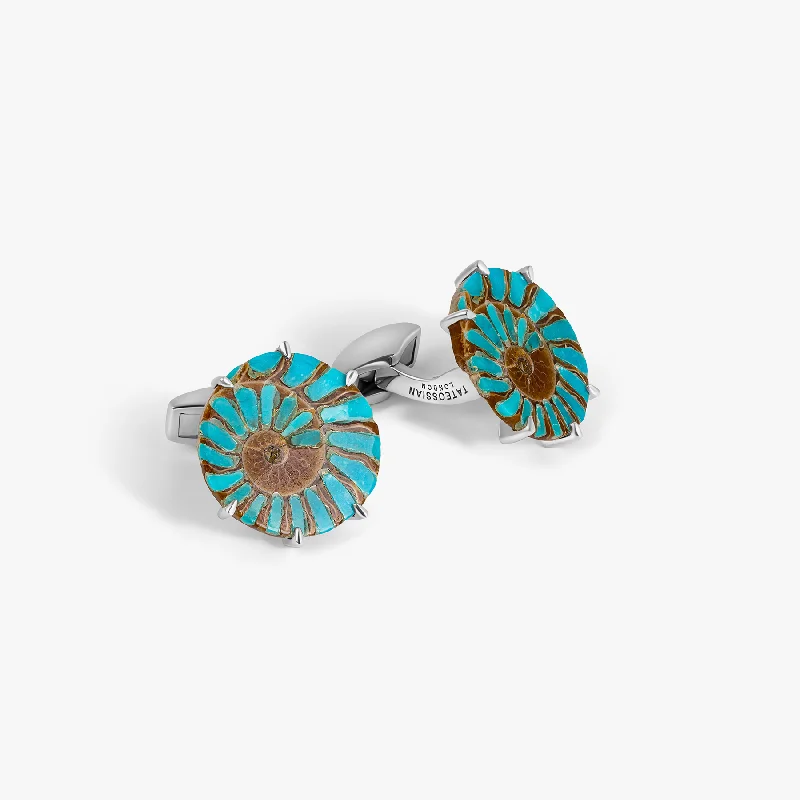 colorful beaded bangles -Ammonite Cufflinks in Rhodium Silver with Turquoise (Limited Edition)