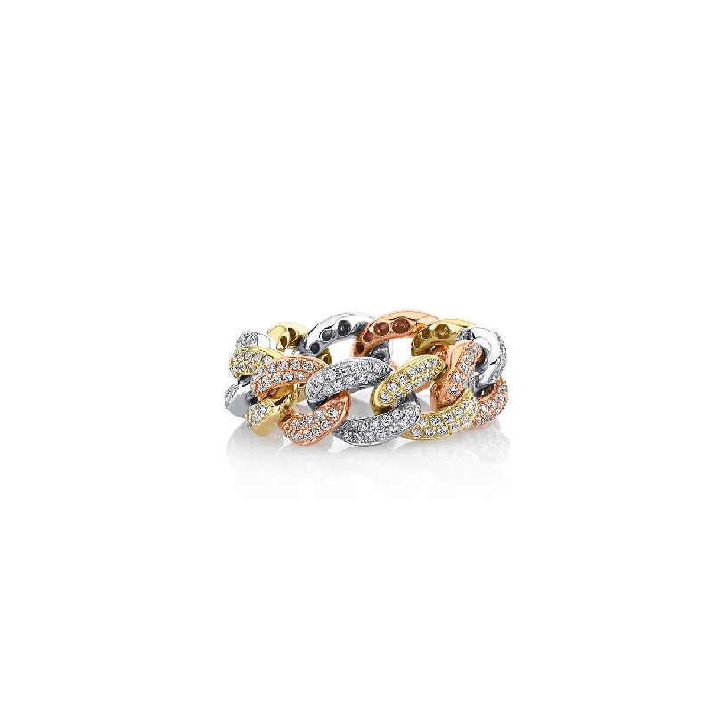 cluster rings for women -Tri-Tone Gold & Pave Diamond Link Ring