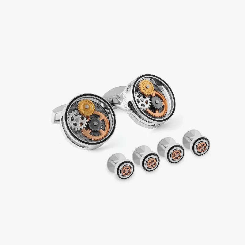 gemstone charm bracelets -Carbon Gear Cufflinks & Shirt Stud Set in Palladium Plated