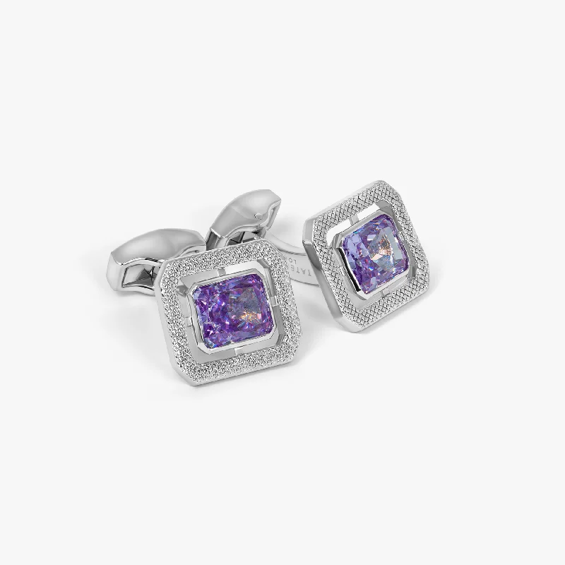 diamond bangles for women -Halo Rectangular Cufflinks in Rhodium Plated with Lavender Cubic Zirconia