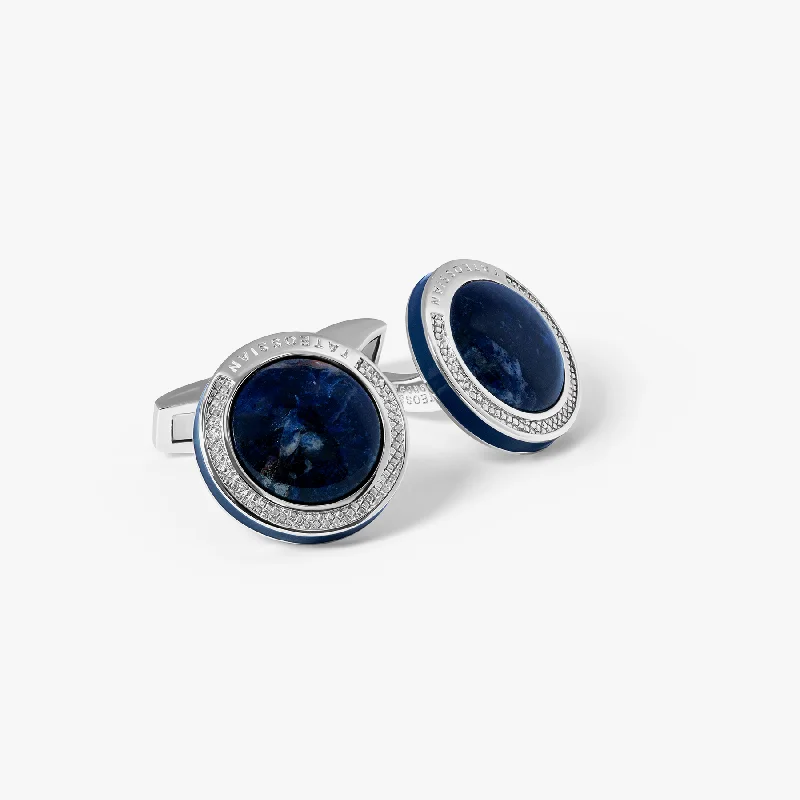 friendship bracelets for women -Signature Round Cufflinks in Rhodium Plated Silver with Sodalite