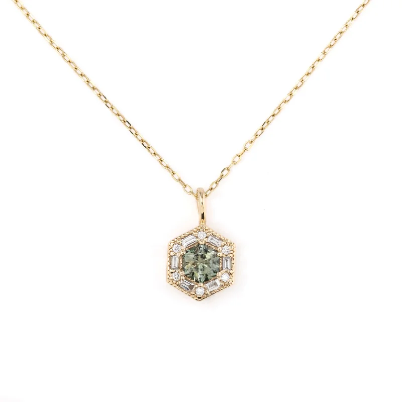 zodiac necklaces for women -Lila Hexagon Necklace - 5mm Montana Green Sapphire Necklace, 14k yellow gold (One of a kind)