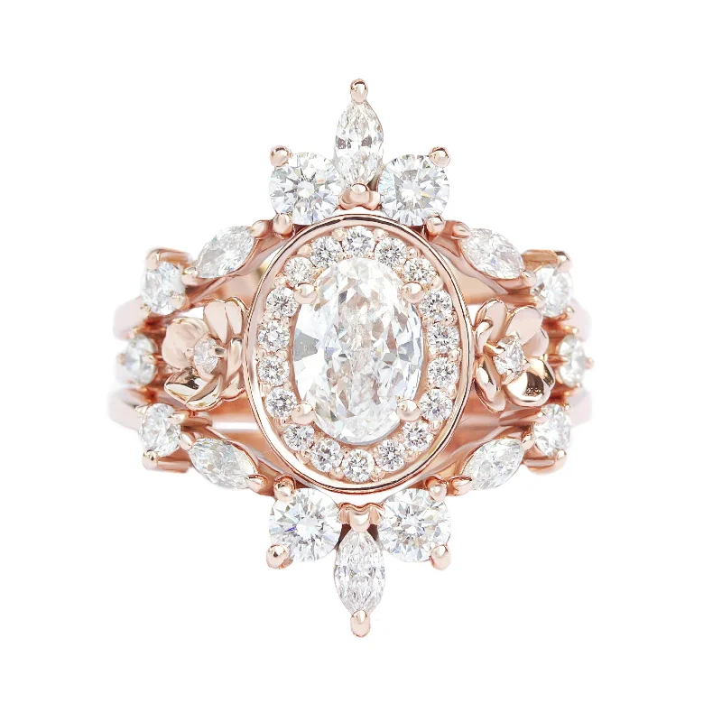 rose gold rings for women -Oval Diamond Floral Ring "Antheia" & Two "Iceland" Sidebands ♥