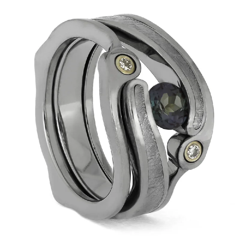 large gemstone rings -Meteorite Ring Set with Green Alexandrite and Diamonds