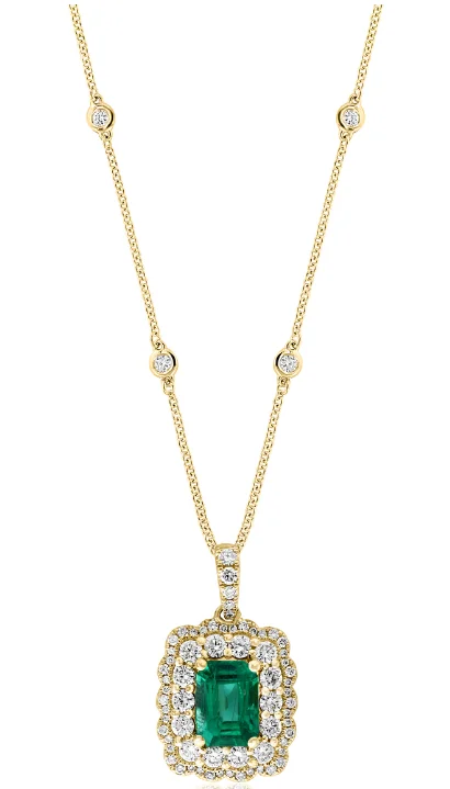 chunky necklaces for women -18K Yellow Gold 1.44ct Emerald & 0.90cttw GH-SI1 Diamond Pendant Necklace