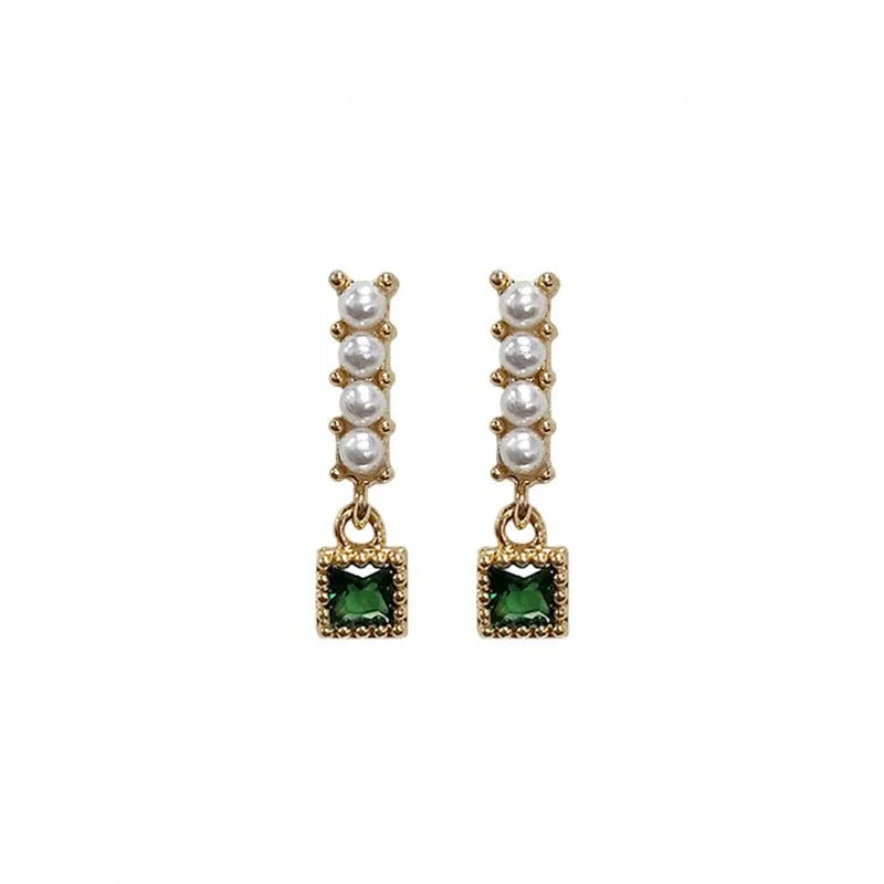 chic stud earrings for women -Emerald and Pearl Square Drop Earrings