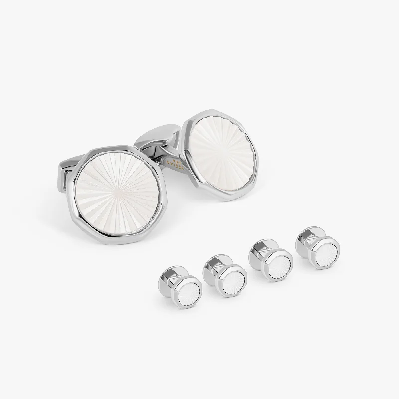 adjustable gold bracelets for women -Sunburst Cufflinks & Dress Shirt Studs In Palladium & White Mother Of Pearl