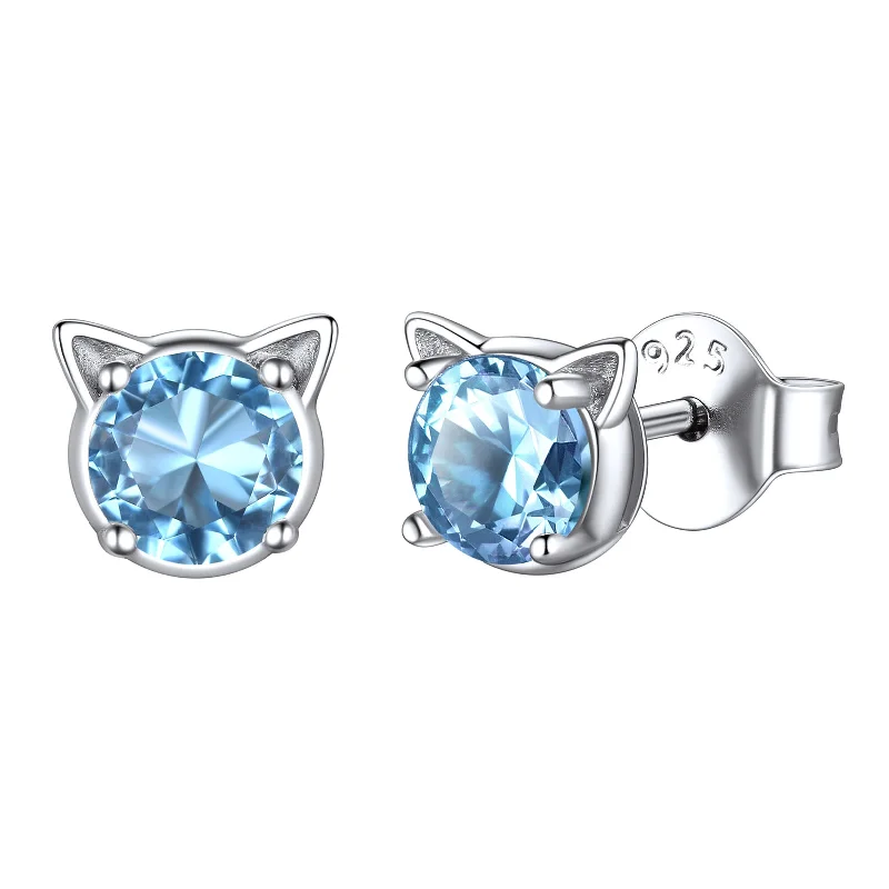 emerald stud earrings -Silver Birthstone Cat Stud Earrings for Women Cat Lovers