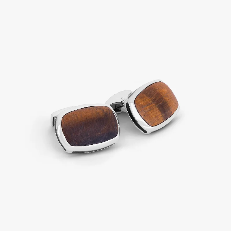 gold bangles for women -Signature Pillow bullet Cufflinks In Rhodium Plated Silver with Tiger Eye