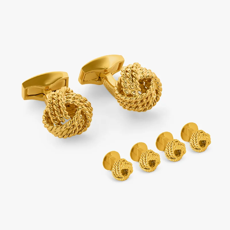 vintage bracelets for women -Yellow gold plated Ribbed Knot cufflinks and studs set