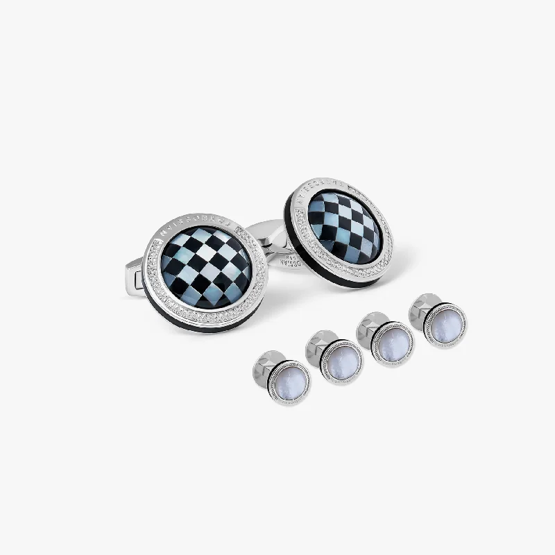 trendy bracelets for women -Signature Round Cufflinks and Stud Set in Rhodium Plated Silver with White MOP