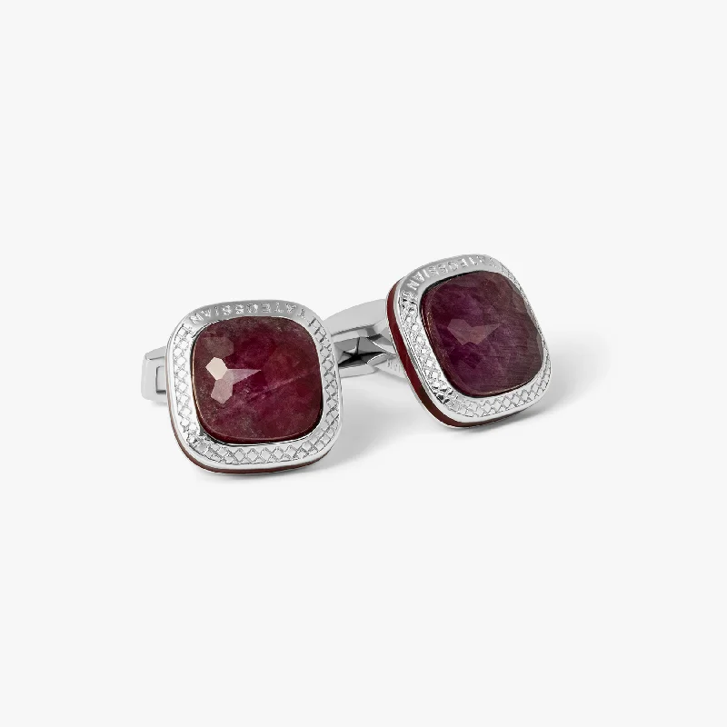 engraved bracelets for women -Doppione Cushion Cufflinks With Ruby In Rhodium Silver