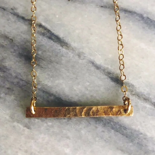 gold bar necklaces for women -Small Hand Textured 14K Gold Fill Bar Necklace