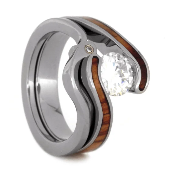 stackable rings for women -Moissanite and Wood Wedding Ring Set in Titanium