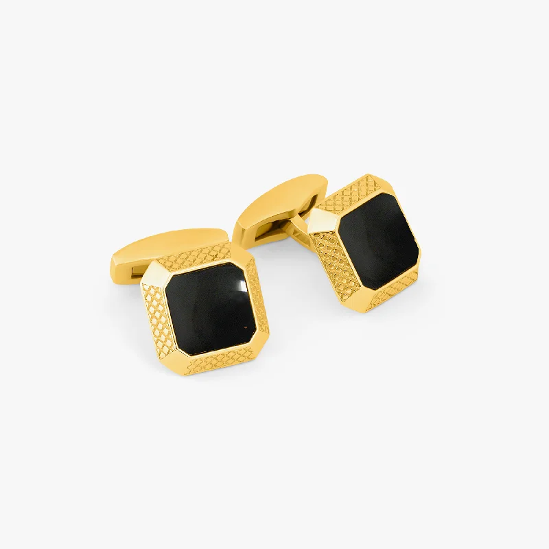 plain gold bangles for women -Signature Octo Cufflinks In Yellow Gold Plated Silver with Onyx